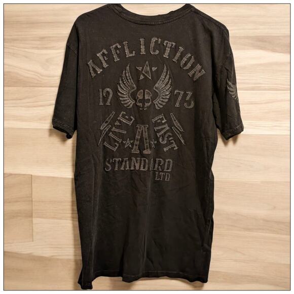 AFFLICTION Live Fast Black Leather Graphic Print Thick Stitch T-Shirt Men's L - Picture 3 of 8